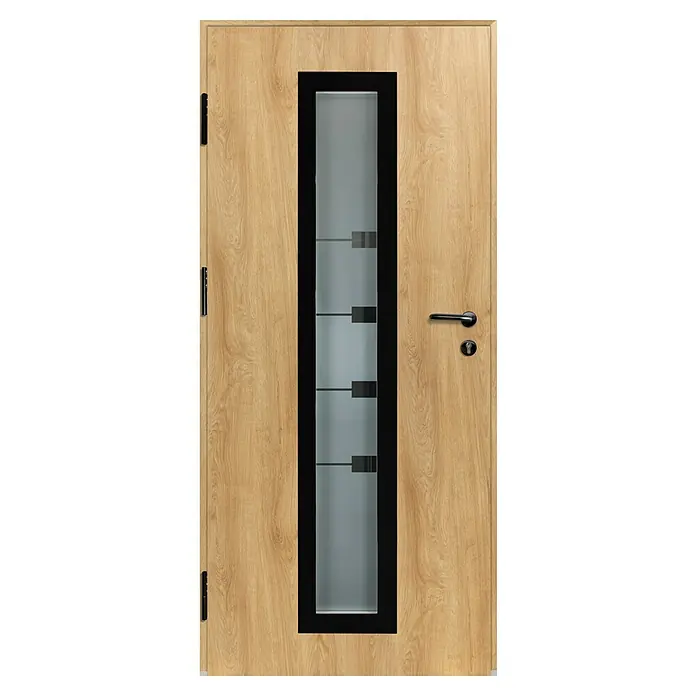 Splendoor Haustür Thermodoor PLUS SP80 Black Design - 100 x 210 cm, DIN Anschlag: Links, Eiche Natur/Tiefschwarz - Tür aus hellem Holzdekor mit schwarz gerahmtem Milchglaseinsatz, schwarzem Griff und Schloss.