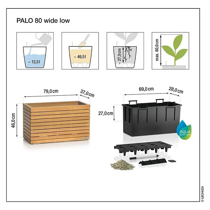 Lechuza Palo Pflanzkasten Natural Wood - Außenmaß (L x B x H): 46 x 37 x 78,5 cm, Holz, Braun - Hölzerner Lamellen-Pflanzkübel „PALO 80 wide low“ mit schwarzem Selbstbewässerungseinsatz, Maße und Kapazitäten.