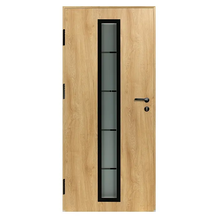 Splendoor Haustür Thermodoor PLUS SP70 Black Design - 110 x 210 cm, DIN Anschlag: Links, Eiche Natur/Tiefschwarz - Helle Holztür mit vertikalem schwarzem Rahmen, Milchglasfeldern, schwarzem Griff und Schlüsselloch.