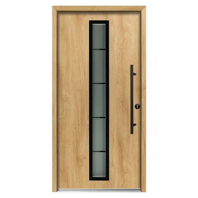Splendoor Haustür Thermodoor PLUS SP70 Black Design - 110 x 210 cm, DIN Anschlag: Rechts, Eiche Natur/Tiefschwarz - Moderne helle Holztür mit vertikalem Milchglaspanel und schwarzem Stangengriff.