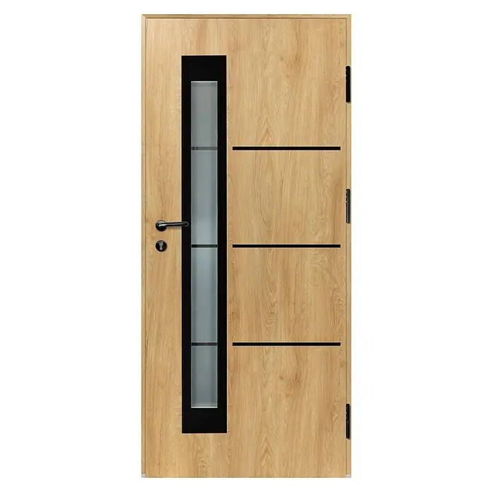 Splendoor Haustür Thermodoor PLUS SP50 Black Design - 100 x 210 cm, DIN Anschlag: Rechts, Eiche Natur/Tiefschwarz - Moderne Tür in heller Holzoptik mit vertikalem schwarzem Glaseinsatz, schwarzem Griff und horizontalen Zierlinien.