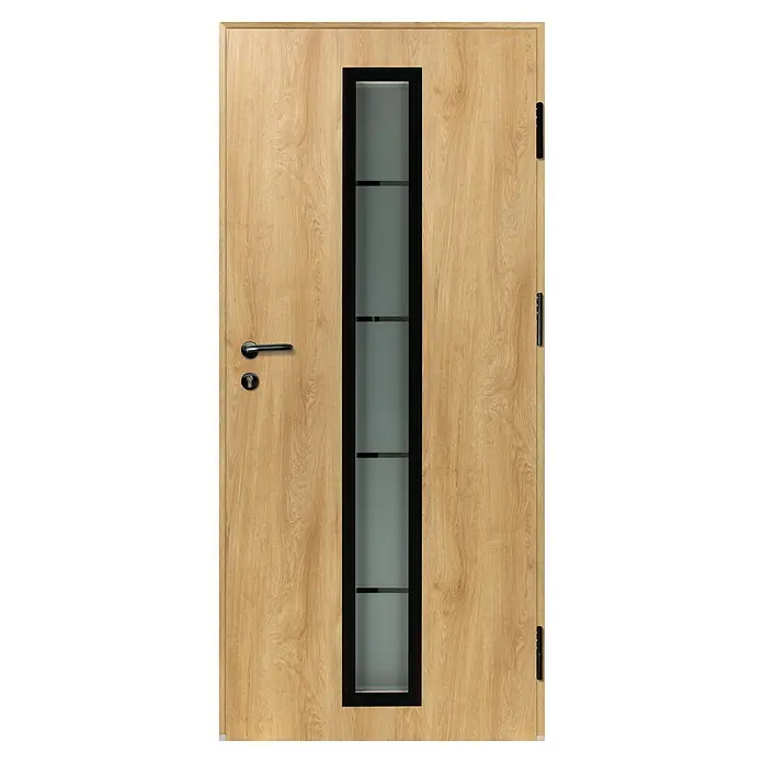 Splendoor Haustür Thermodoor PLUS SP70 Black Design - 110 x 210 cm, DIN Anschlag: Rechts, Eiche Natur/Tiefschwarz - Helle Holztür mit vertikalem schwarz gerahmtem Milchglas-Einsatz und schwarzen Beschlägen.
