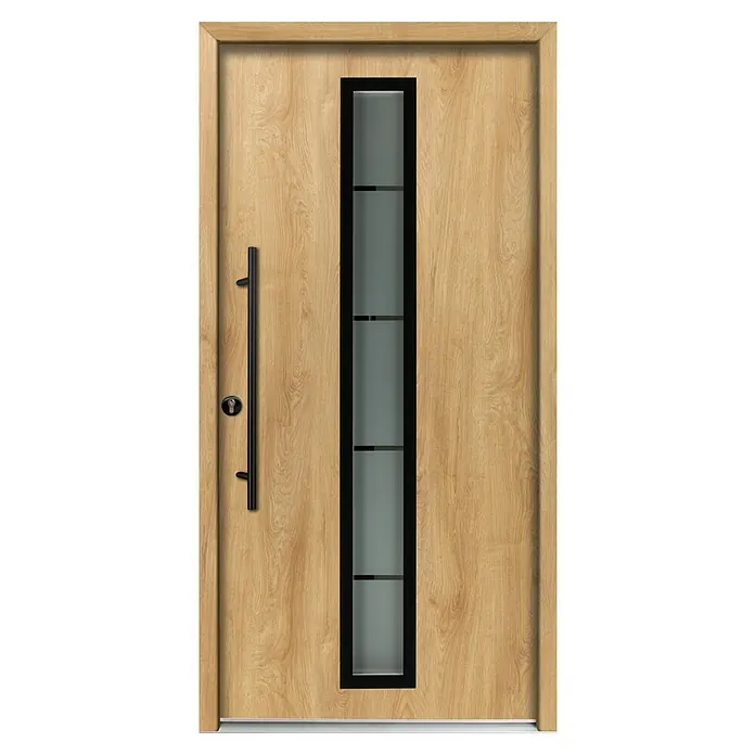 Splendoor Haustür Thermodoor PLUS SP70 Black Design - 110 x 210 cm, DIN Anschlag: Links, Eiche Natur/Tiefschwarz - Moderne Eingangstür in heller Holzoptik mit vertikalem schwarz gerahmtem Milchglaseinsatz, schwarzem Stangengriff und Schlüsselschloss.