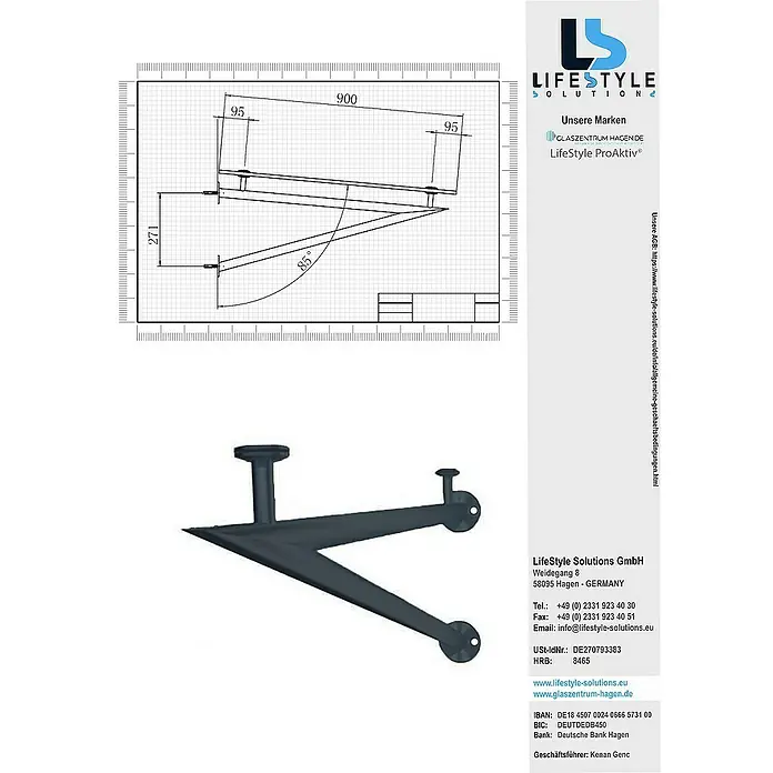 Glaszentrum Hagen Vordach 200x90 cm FR Glasvordach - Stb-Halter in RAL7016 - Anthrazit RAL7016