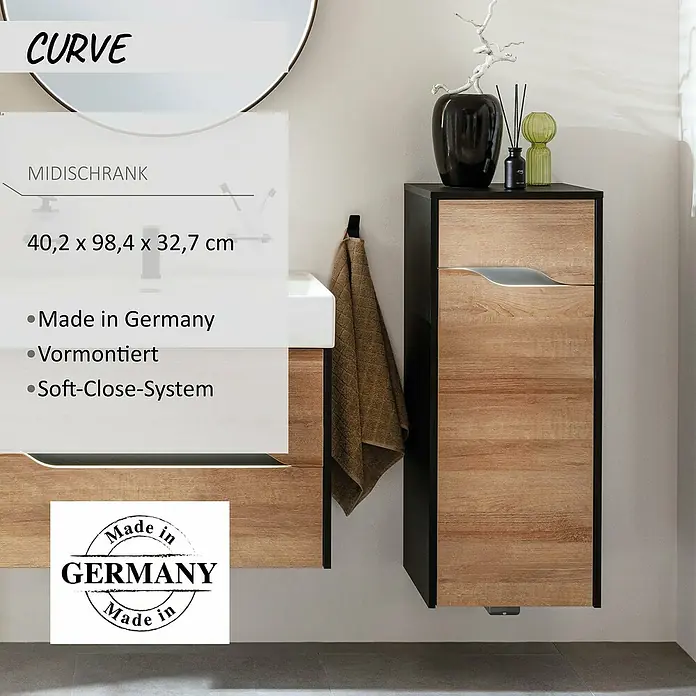 Camargue Curve Midischrank - B x T x H: 40,2 x 32,7 x 98,4 cm, Berg Eiche/Schwarz, DIN Anschlag: Rechts - Ein moderner schwarz-holzfarbener Midischrank mit Soft-Close-System im Badezimmer, neben einem passenden Waschtischunterschrank.