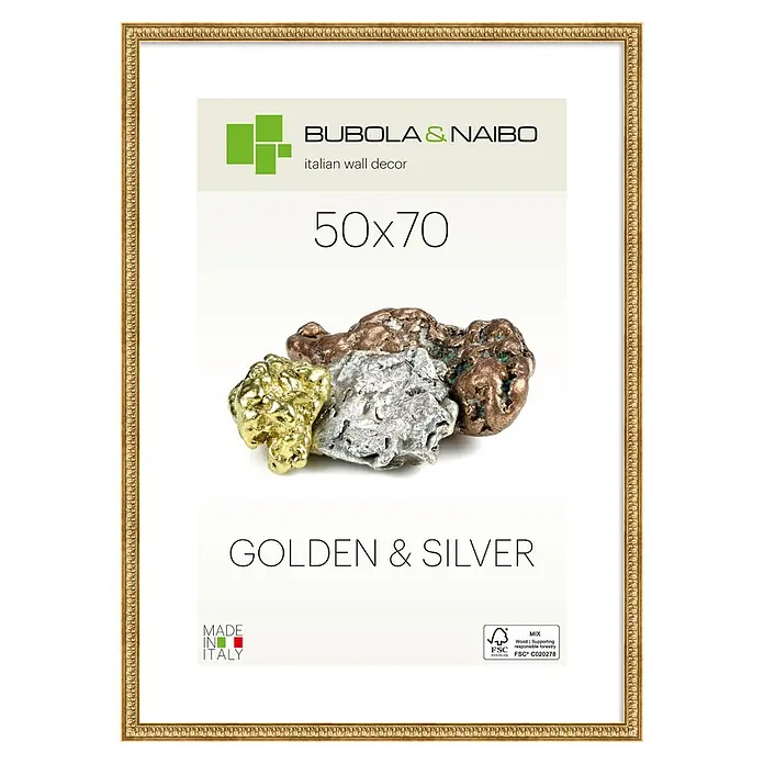 Holzrahmen Iris - 50 x 70 cm, Gold - Verzierte goldene Bilderrahmen mit dekorativem Rand. Der Einsatz zeigt goldene und silberne Nuggets und Text, darunter '50x70'.