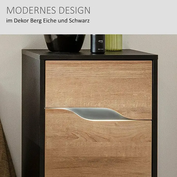 Camargue Curve Midischrank - B x T x H: 40,2 x 32,7 x 98,4 cm, Berg Eiche/Schwarz, DIN Anschlag: Rechts - Moderner Nachttisch in Schwarz mit zwei Berg Eiche Schubladen und beleuchtetem Griff.