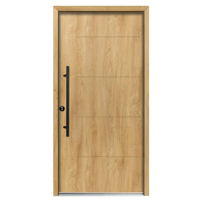 Splendoor Haustür Thermodoor PLUS SPL Black Design - 110 x 210 cm, DIN Anschlag: Links, Eiche Natur - Helle Eichentür mit schwarzem vertikalem Griff, Schlüsselloch und dezenten horizontalen Rillen.