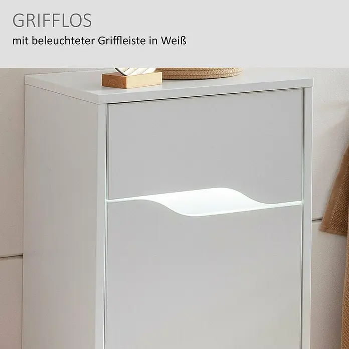 Camargue Curve Midischrank - B x T x H: 40,2 x 32,7 x 98,4 cm, Weiß, DIN Anschlag: Rechts - Weißer griffloser Schrank mit beleuchteter Griffleiste.