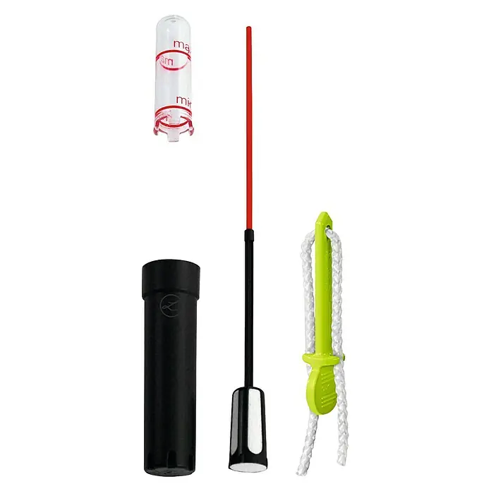 Lechuza Wasserstandsanzeiger - Kunststoff, Schwarz/Weiß, Passend für: Canto Cube Triple - Tauch-/Angelausrüstung: Rot-schwarzes Tiefenlot, limettengrünes Tauchermesser mit Seil, klare Markierungsboje und schwarze Schutzhülle.