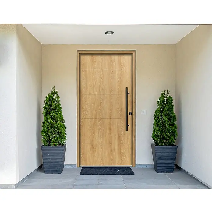 Splendoor Haustür Thermodoor PLUS SPL Black Design - 110 x 210 cm, DIN Anschlag: Rechts, Eiche Natur - Moderne helle Holzeingangstür mit horizontalen Rillen und schwarzem Stangengriff.