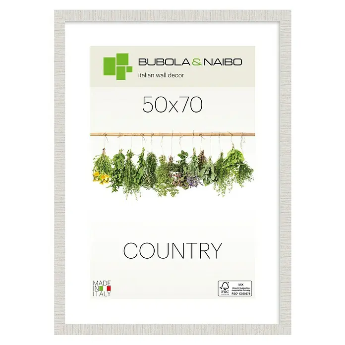 Bubola & Naibo Holzrahmen Anny - 50 x 70 cm, Weiß - Heller strukturierter Holzrahmen mit Bild von hängenden Kräutern, Größe 50x70, 'COUNTRY' Motiv, von Bubola & Naibo Wanddekor.