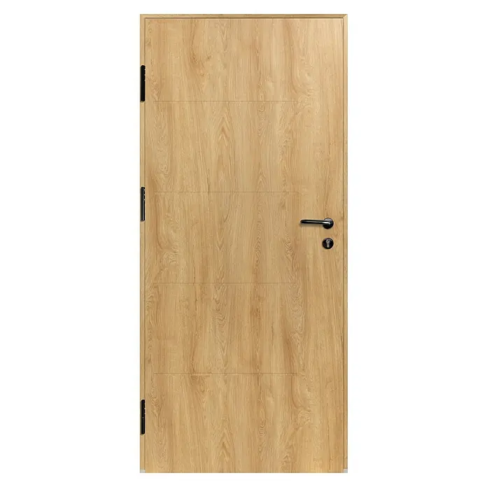 Splendoor Haustür Thermodoor PLUS SPL Black Design - 110 x 210 cm, DIN Anschlag: Links, Eiche Natur - Helle Holztür mit vier horizontalen Paneelen, schwarzem Griff, Schloss und Scharnieren.