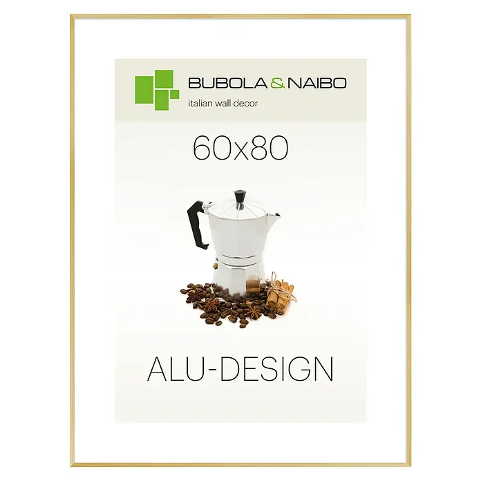 Bubola & Naibo Alurahmen Alu-Design Plex - 60 x 80 cm, Gold - Goldfarbener Aluminiumrahmen-Druck (60x80) mit silberner Mokkakanne, Kaffeebohnen und Gewürzen.