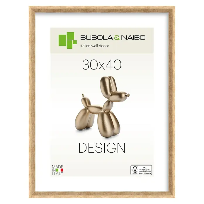 Bubola & Naibo Holzrahmen Olinda - 30 x 40 cm, Eiche - Heller Holzrahmen mit Druck einer goldenen Ballonhund-Skulptur.