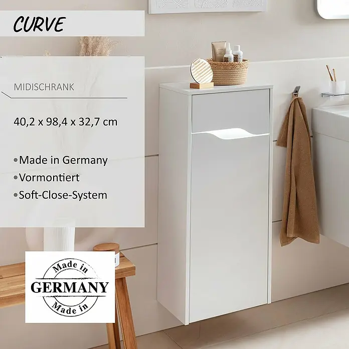 Camargue Curve Midischrank - B x T x H: 40,2 x 32,7 x 98,4 cm, Weiß, DIN Anschlag: Links - Weißer moderner Badschrank mit Soft-Close-System, Wandmontage und integriertem Griff, im Badezimmer.