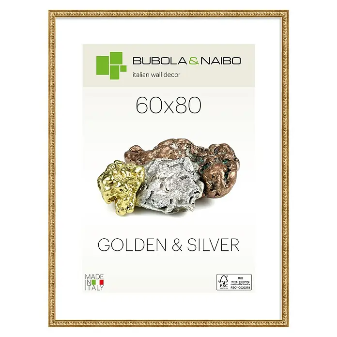 Holzrahmen Iris - 60 x 80 cm, Gold - Verzierte goldene Bilderrahmen mit Markenlogo, '60x80', 'GOLDEN & SILVER' Text und Metallklumpen.