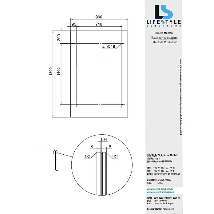 Glaszentrum Hagen Vordach 180x90 cm Klarglas Glasvordach - V-Halter in RAL7016 - 180 x 90 x 40 cm