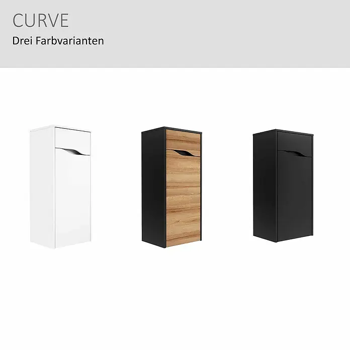 Camargue Curve Midischrank - B x T x H: 40,2 x 32,7 x 98,4 cm, Berg Eiche/Schwarz, DIN Anschlag: Rechts - Drei hohe, schmale Schränke mit markantem geschwungenem Griff; erhältlich in Weiß, Schwarz und Schwarz mit Holzoptik-Front.