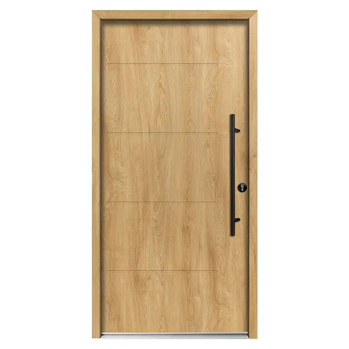 Splendoor Haustür Thermodoor PLUS SPL Black Design - 110 x 210 cm, DIN Anschlag: Rechts, Eiche Natur - Helle Holztür mit horizontalen Rillen, schwarzem Stangengriff und Schlüsselloch.