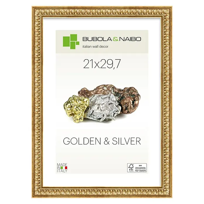Holzrahmen Iris - DIN A4/21 x 29,7 cm, Gold - Goldener, verzierter Fotorahmen mit dekorativem Einleger mit Marke, Maßen und Metallnuggets.