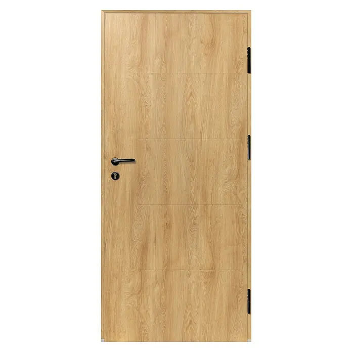 Splendoor Haustür Thermodoor PLUS SPL Black Design - 110 x 210 cm, DIN Anschlag: Rechts, Eiche Natur - Helle Eichentür mit horizontalen Rillen, schwarzem Griff, Schloss und Scharnieren.