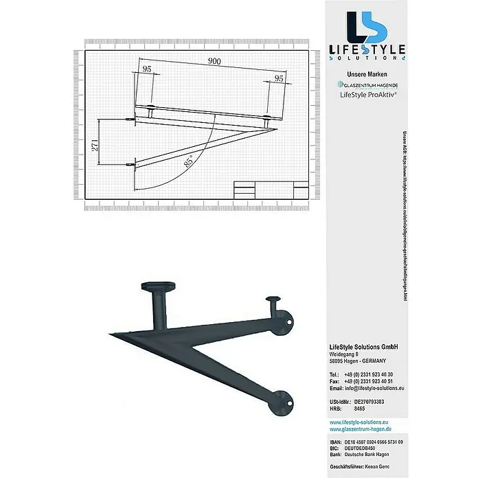 Glaszentrum Hagen Vordach 190x90 cm Klarglas Glasvordach - V-Halter in RAL7016 - 190 x 90 x 40 cm