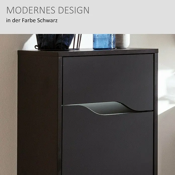 Camargue Curve Midischrank - B x T x H: 40,2 x 32,7 x 98,4 cm, Schwarz, DIN Anschlag: Rechts - Moderner schwarzer Schuhschrank mit zwei Kippfächern und integrierten wellenförmigen Griffen.
