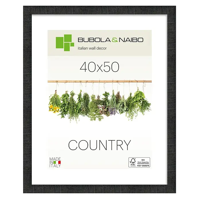 Bubola & Naibo Holzrahmen Anny - 40 x 50 cm, Schwarz - Dunkler, texturierter Rahmen mit einem "Country"-Themen-Wanddekor-Druck von hängenden Kräutern, Größe 40x50.