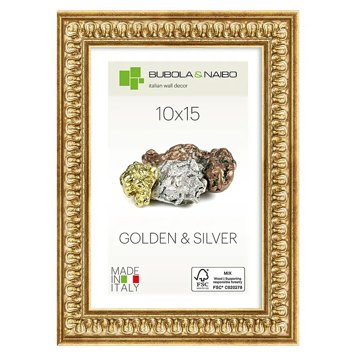 Holzrahmen Iris - 10 x 15 cm, Gold - Verzierter goldener Bilderrahmen mit reichem, detailliertem Muster.
