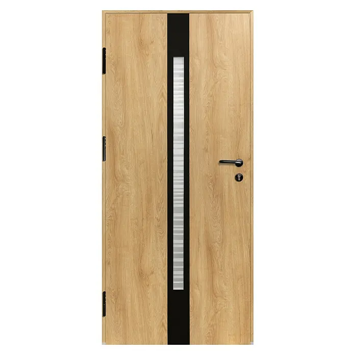 Splendoor Haustür Thermodoor PLUS SP20 Black Design - 100 x 210 cm, DIN Anschlag: Links, Eiche Natur/Tiefschwarz - Tür in heller Eichenholzoptik mit schwarzem Mittelstreifen, gestreiftem Milchglas, schwarzen Scharnieren, Griff und Schloss.