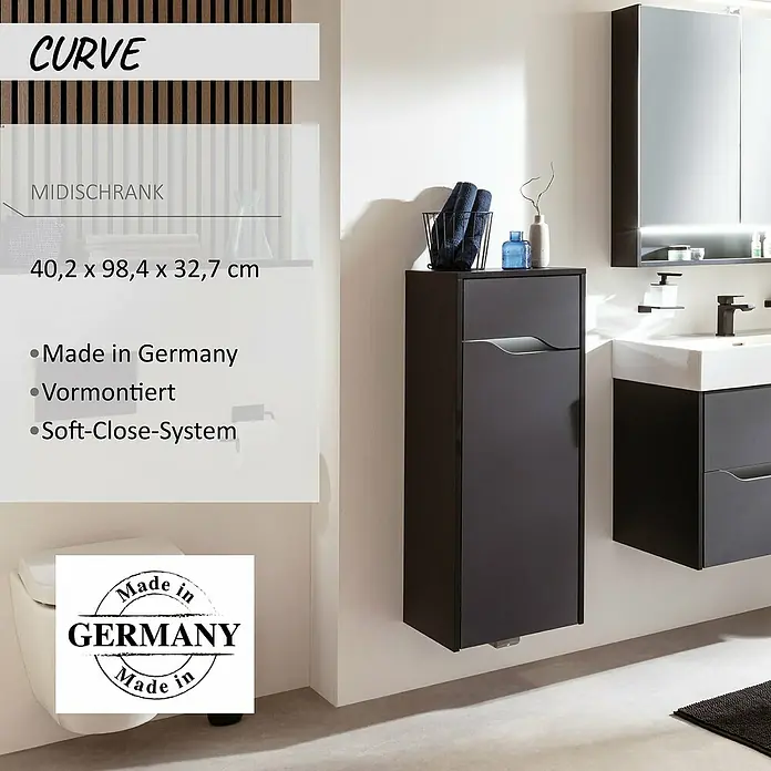 Camargue Curve Midischrank - B x T x H: 40,2 x 32,7 x 98,4 cm, Schwarz, DIN Anschlag: Rechts - Anthrazitfarbener CURVE Midischrank (40,2x98,4x32,7 cm) mit Soft-Close-System im Bad.