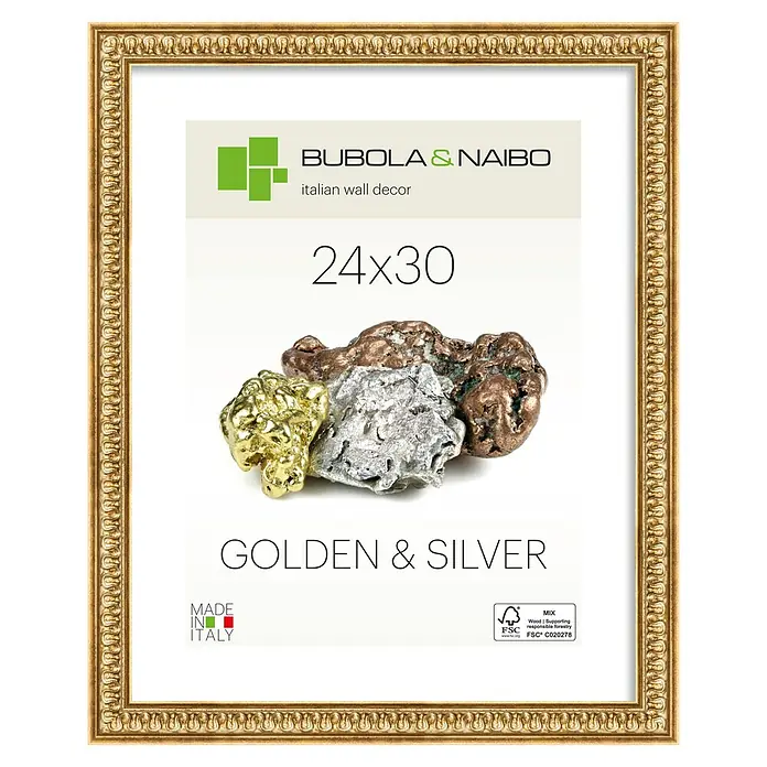 Holzrahmen Iris - 24 x 30 cm, Gold - Verzierte goldene Bilderrahmen mit Werbeinhalt, der "Golden & Silver" Text und metallische Nuggets zeigt.