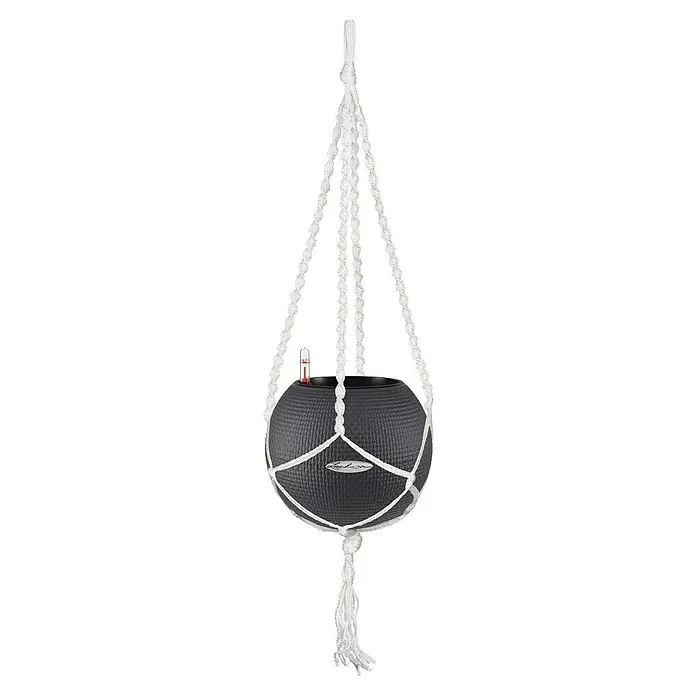 Lechuza Pflanztopf Puro Color 20 - Außenmaß (Ø x H): 20 x 16 cm, Kunststoff, Grau, Matt - Dunkelgrauer strukturierter Hängepflanzer mit weißen Makramee-Seilen und Wasserstandsanzeiger.