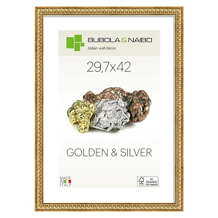 Holzrahmen Iris - DIN A3/29,7 x 42 cm, Gold - Goldener, verzierter Bilderrahmen mit Platzhalter, der 'Bubola & Naibo', Maße '29,7x42' und 'Golden & Silver' Text zeigt.