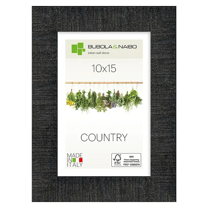 Bubola & Naibo Holzrahmen Anny - 10 x 15 cm, Schwarz - Dunkler, strukturierter Holzbilderrahmen mit weißem Einleger, der Markeninformationen zeigt.