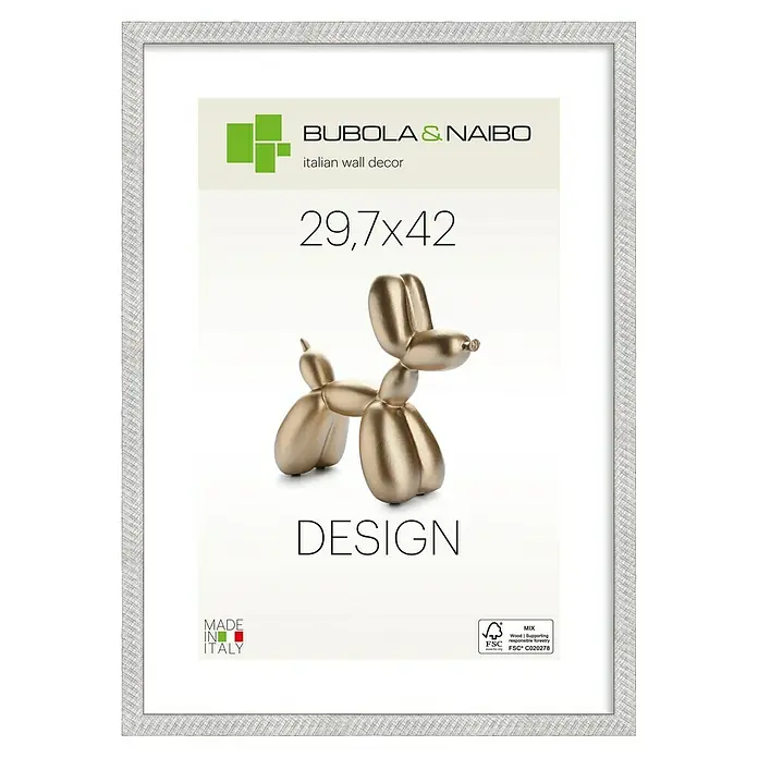 Bubola & Naibo Holzrahmen Maya - DIN A3 / 29,7 x 42 cm, Silber - Texturierter silber-grauer Bilderrahmen mit goldenem Ballonhund-Motiv, Maße 29,7x42 cm.