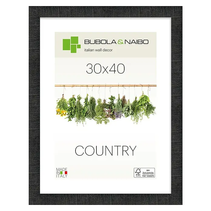 Bubola & Naibo Holzrahmen Anny - 30 x 40 cm, Schwarz - Dunkler Bilderrahmen in Holzoptik mit einem 'Country'-Druck und hängenden Kräutern.