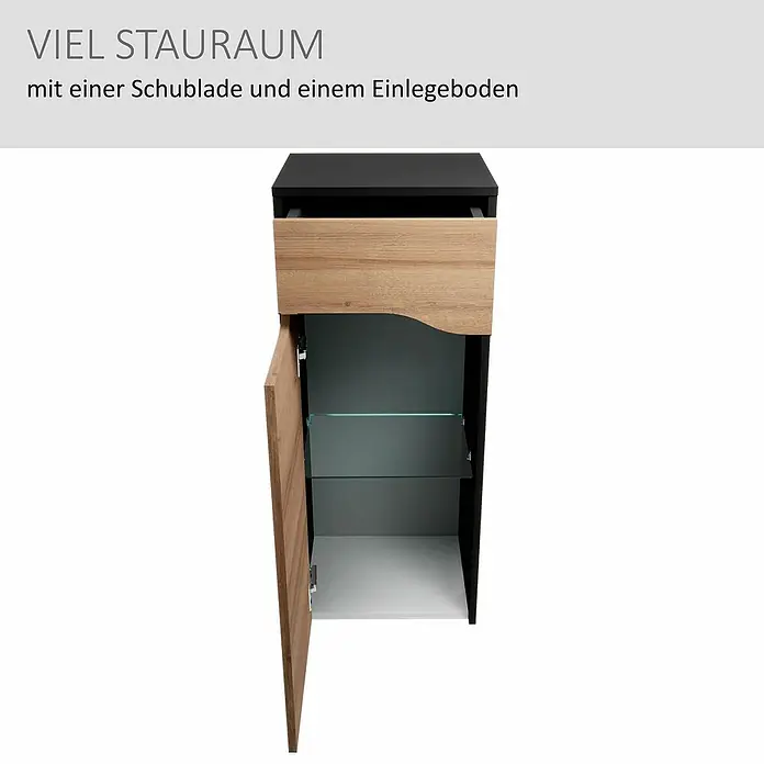 Camargue Curve Midischrank - B x T x H: 40,2 x 32,7 x 98,4 cm, Berg Eiche/Schwarz, DIN Anschlag: Rechts - Hoher schwarzer und heller Holzschrank mit offener Schublade und offener Tür, die Glasböden zeigt.