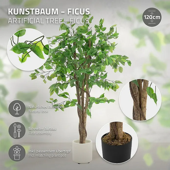 ML-Design Kunstpflanze Ficus Kunstbaum für Innen & Außen mit Naturholzstamm im Topf - Blütenfarbe: Grün, Holz