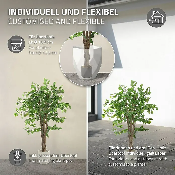 ML-Design Kunstpflanze Ficus Kunstbaum für Innen & Außen mit Naturholzstamm im Topf - Blütenfarbe: Grün, Holz