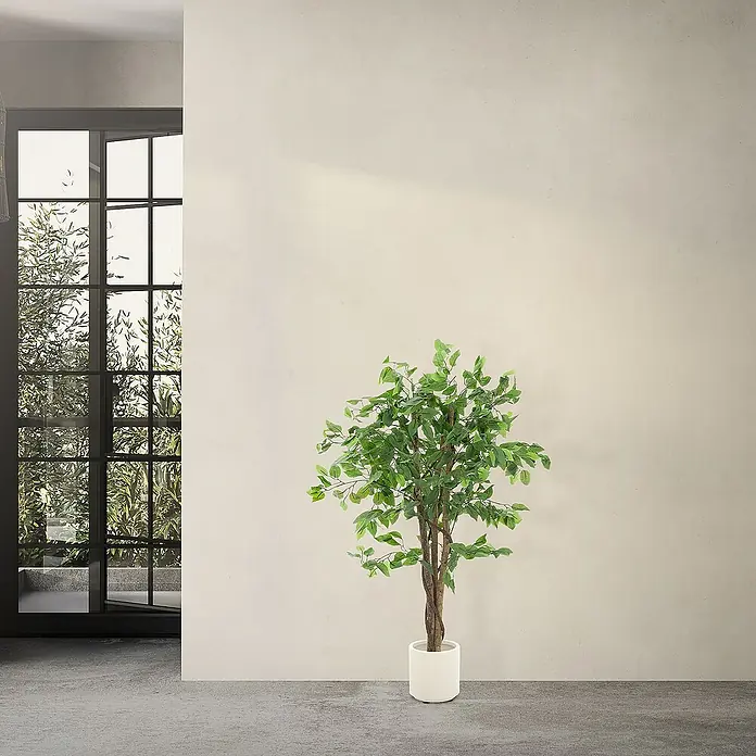 ML-Design Kunstpflanze Ficus Kunstbaum für Innen & Außen mit Naturholzstamm im Topf - Blütenfarbe: Grün, Holz
