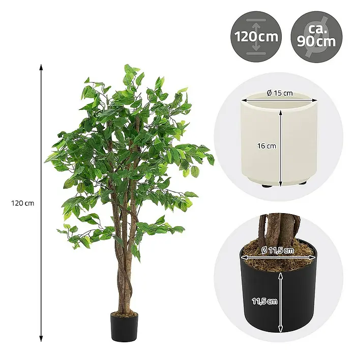 ML-Design Kunstpflanze Ficus Kunstbaum für Innen & Außen mit Naturholzstamm im Topf - Blütenfarbe: Grün, Holz