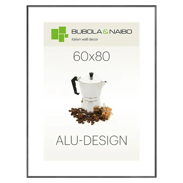 Bubola & Naibo Alurahmen Alu-Design Plex - 60 x 80 cm, Schwarz - Wanddeko mit dunkelgrauem Alurahmen, zeigt eine Moka-Kanne, Kaffeebohnen, Sternanis und Zimtstangen. Größe 60x80.