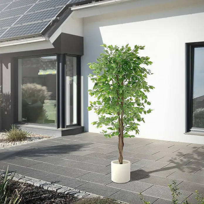 ML-Design Kunstpflanze Ficus Kunstbaum für Innen & Außen mit Naturholzstamm im Topf - Höhe: 180 cm, Blütenfarbe: Grün, Holz