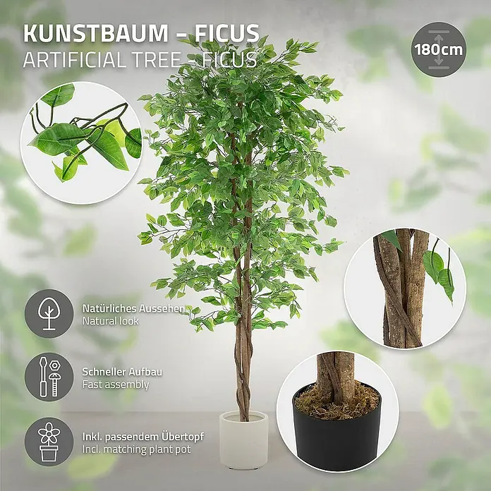 ML-Design Kunstpflanze Ficus Kunstbaum für Innen & Außen mit Naturholzstamm im Topf - Höhe: 180 cm, Blütenfarbe: Grün, Holz