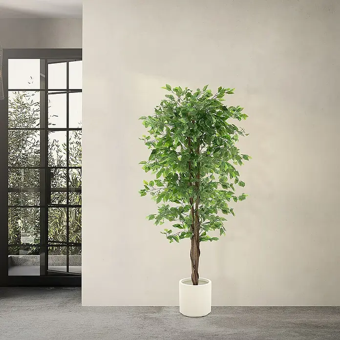 ML-Design Kunstpflanze Ficus Kunstbaum für Innen & Außen mit Naturholzstamm im Topf - Höhe: 180 cm, Blütenfarbe: Grün, Holz