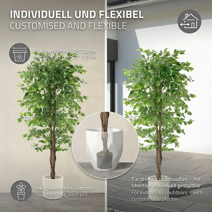 ML-Design Kunstpflanze Ficus Kunstbaum für Innen & Außen mit Naturholzstamm im Topf - Höhe: 180 cm, Blütenfarbe: Grün, Holz