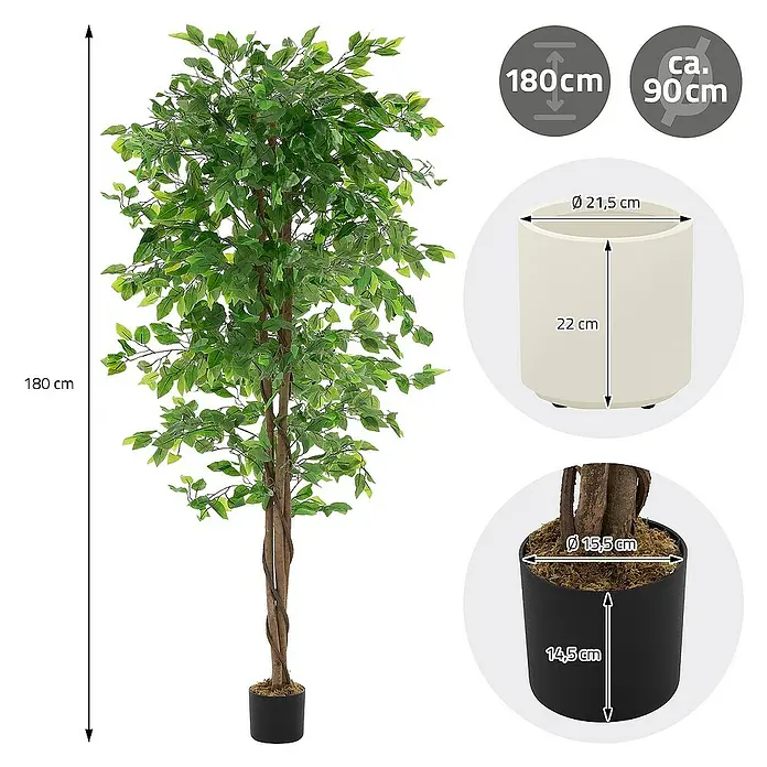 ML-Design Kunstpflanze Ficus Kunstbaum für Innen & Außen mit Naturholzstamm im Topf - Höhe: 180 cm, Blütenfarbe: Grün, Holz