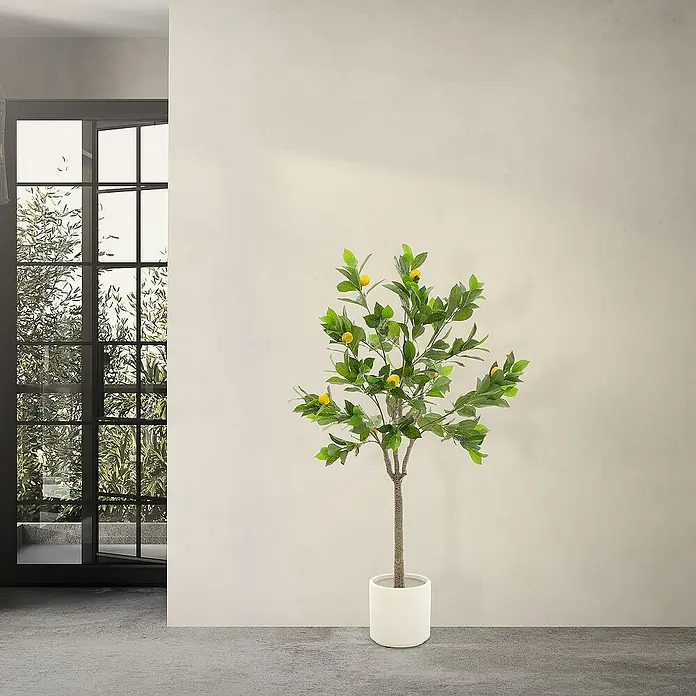 ML-Design Kunstpflanze Zitronenbaum Pflegeleichte Kunstbaum 160 cm für Innen & Außen im Topf - Blütenfarbe: Gelb, Kunststoff